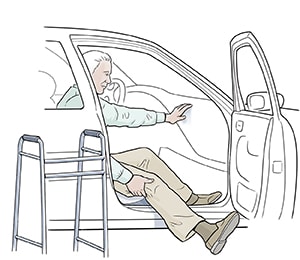 Person getting into car without twisting, with left leg in car and lifting right leg into car.