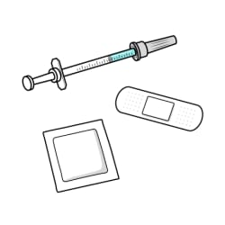 Capped syringe next to bandage and alcohol wipe.
