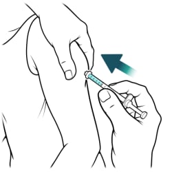 Needle going into child’s pinched skin at a 45 degree angle.