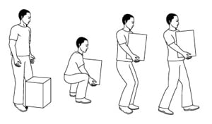 Person lifting box, bending from knees and hips to lift and carry box without injury.