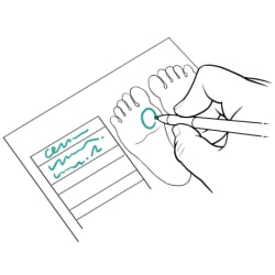 Piece of paper with writing and image of feet, with hand drawing circle on one foot.