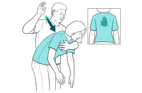 Man giving back blows to woman, with detail of hand placement between shoulder blades.
