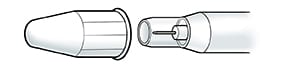 Closeup of safety injection pen tip showing outer cap and syringe tip with fixed inner needle shield.