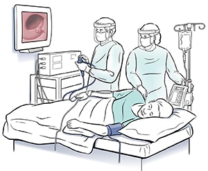 Doctor and technician performing colonoscopy on patient who is lying on side on exam table.